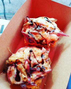 Cheese & Leek Scone with Melted Cheese, Caramelised Onions, Chutney & Glaze at Square Roots in Whitley Bay