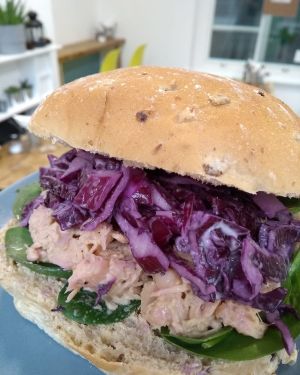 Tahini Jackfruit, Cabbage Slaw on Spinach at Square Roots in Whitley Bay