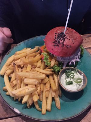 Chili burger with fries  at Bidges & Sons Reeperbahn in Hamburg