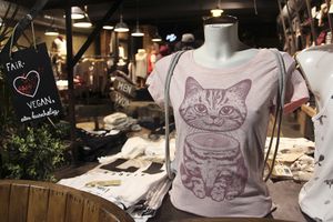 The only have their own clothing brand, all vegan, all fairly produced, mostly organic. It's a mixture of outgoing print designs, streetwear, knitwear and high quality basics at Bidges & Sons Reeperbahn in Hamburg