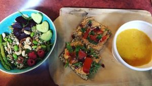 Pumpkin soup, multiseed crackers (gluten free) and a filling salad - DELICIOUS! at Hartelijk Hoofddorp in Hoofddorp