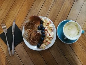 Great pancakes and Marche latte at Le Labo in Lyon