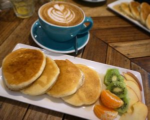 pancakes + capuccino (all vegan) at Le Labo in Lyon
