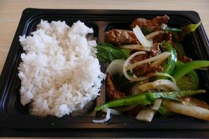 Sauteed Spicy w/ Lemongrass & Basil Beef:
Onion, lemongrass, basil leaves & green pepper in spicy sauce
+Soy Beef at Veggie House in Salt Lake City