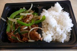 Stir-Fried Mongolian Chicken:
Green onion, bell pepper & yellow onion in spicy Mongolian sauce
+Soy Chicken at Veggie House in Salt Lake City