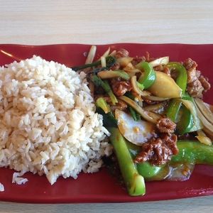 Mongolian chikn with brown rice at Veggie House in Salt Lake City