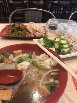 Tried different things so that I could take leftovers to my hotel.  Pho with tofu, Sauteed Spicy w/ Lemongrass & Basil with soy beef and Fresh Spring Rolls at Veggie House in Salt Lake City