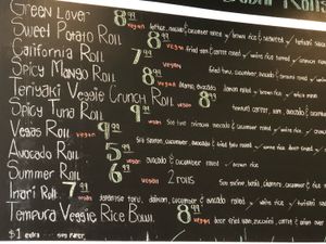 Vegan sushi menu as of March 29, 2019 at Veggie House in Salt Lake City