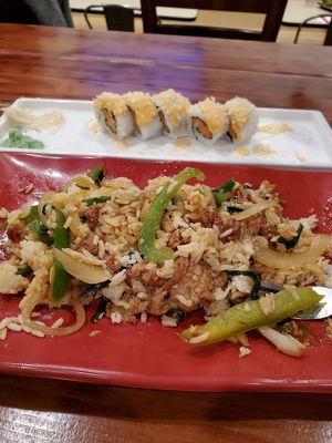 Sweet potato roll & Stir-fry with eggplant at Veggie House in Salt Lake City