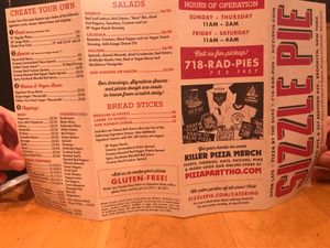 menu  at Sizzle Pie in Brooklyn