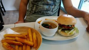 burger with sweet potato fries and soup at Yummy Vegan Home - Ya Mi Rizi in Taipei