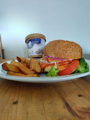 Hamburguesa exótica con papas rústicas y helado ice kid de chocolate suizo. at Vg Burger in Santiago