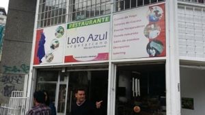front of shop at Loto Azul Vegetariano in Bogota