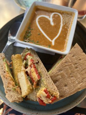 Pesto grill sandwich with vegan cheese and vegan soup of the day   at In Common in Thunder Bay