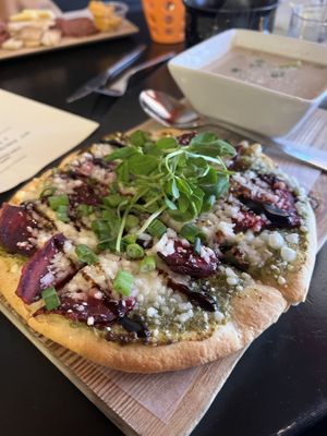 Vegan special — beetroot flatbread with vegan cheese  at In Common in Thunder Bay
