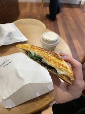 Mushroom + basil + mozzarella jaffle with hot choc  at Union Kiosk in Melbourne