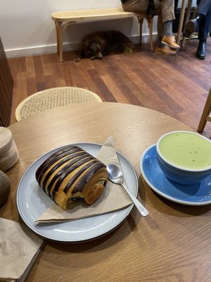 Chocolate croissant and matcha latte   at Union Kiosk in Melbourne