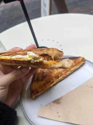 Scramble tofu jaffle with ham, cheese and hollandaise ($12) at Union Kiosk in Melbourne