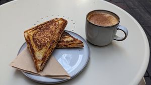 Specials jaffle and coffee at Union Kiosk in Melbourne