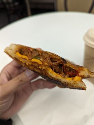 Jaffle - SPICY PULLED VEGAN BEEF, CHIPOTLE SALSA, JALAPENOS + CHEESE at Union Kiosk in Melbourne