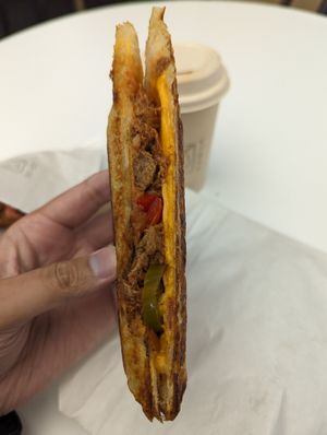 Jaffle - SPICY PULLED VEGAN BEEF, CHIPOTLE SALSA, JALAPENOS + CHEESE at Union Kiosk in Melbourne