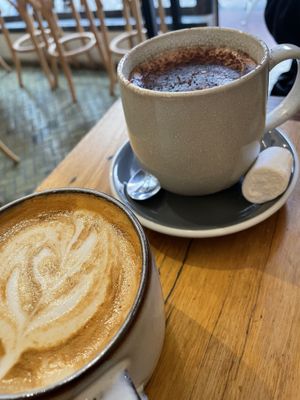 Hot chocolate with marshmallow and soy flat white  at Union Kiosk in Melbourne