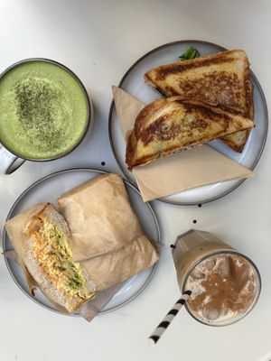 Matcha, Iced Chai, Toastie (Jaffle) with roasted veg Chicken + Spinach + Feta, Sandwich with Curry Tofu + Spicy Mayo   at Union Kiosk in Melbourne