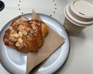 Almond croissant & hot chocolate   at Union Kiosk in Melbourne
