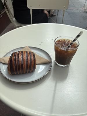 Chocolate croissant and cold brew coffee    at Union Kiosk in Melbourne