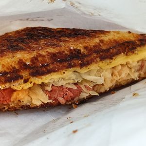 vegan pork belly reuben jaffle! at Union Kiosk in Melbourne