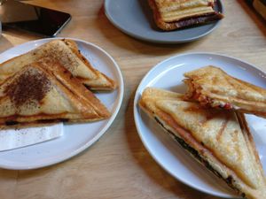 Mushroom jaffle and veg bolognese jaffle at Union Kiosk in Melbourne