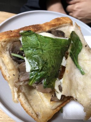 Mushie and spinach Jaffle with heaps of fillings at Union Kiosk in Melbourne