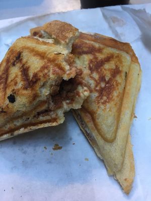 Veg Bolognese, Mozzarella and Garlic Butter Jaffle ($8). Delicious and such good value!! at Union Kiosk in Melbourne