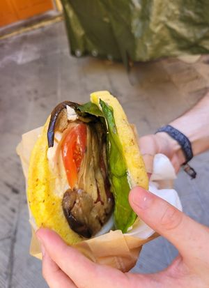 vegan sandwich with eggplant and mayo at Britta Take Away in Riomaggiore