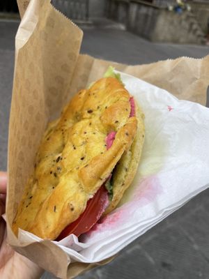 Foccacia with beetroot hummus  at Britta Take Away in Riomaggiore