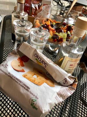 My breakfast: vegan croissants, fruit, crackers, jam   at Ristorante Castello di Valenzano in Subbiano