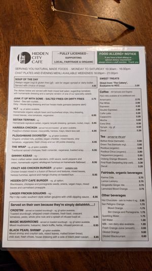 Menu July 2021, loads of vegan options at The Hidden City Cafe in Londonderry