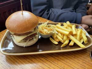 Burger and chips   at The Caledonia in Liverpool
