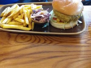 Katsu burger and chips at The Caledonia in Liverpool