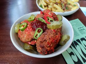 Generous portions. Chili jam 'wings' and Guinness gravy fries at The Caledonia in Liverpool
