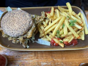 Gluten free Philly cheese steak burger  #Veganuary at The Caledonia in Liverpool