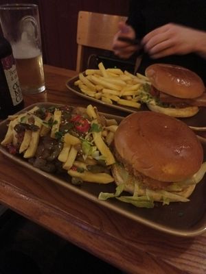 Chickn mayo burger and salt n pepper fries at The Caledonia in Liverpool