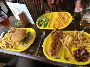 Bacon double cheese burger, pulled jackfruit dog and Mac and cheese at The Caledonia in Liverpool