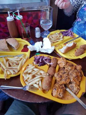 Seitan wings, plain lil burger and jalapeno poppers at The Caledonia in Liverpool
