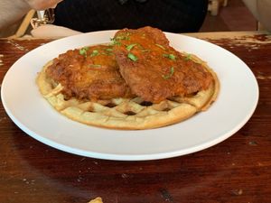 Surprisingly spicy, waffle was lovely too, sweet and savoury   at The Caledonia in Liverpool