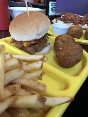 Mains - burger, doggo and side of mac & cheese balls at The Caledonia in Liverpool