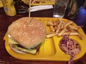 Vegan double bacon cheeseburger with slaw and fries!  at The Caledonia in Liverpool