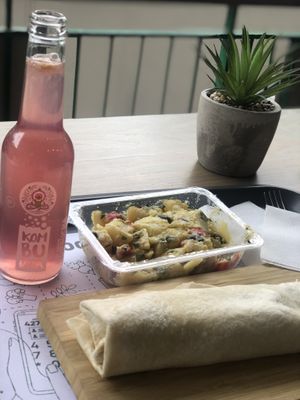 Chickpea wrap, potato salad with mustard sauce, kambucha with blueberry at Just Food Market in Ankara