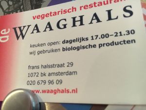 Business card with web info & hours at De Waaghals in Amsterdam