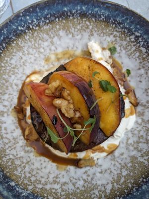 Roasted peaches, gingerbread cake and tonka bean mousse at De Waaghals in Amsterdam